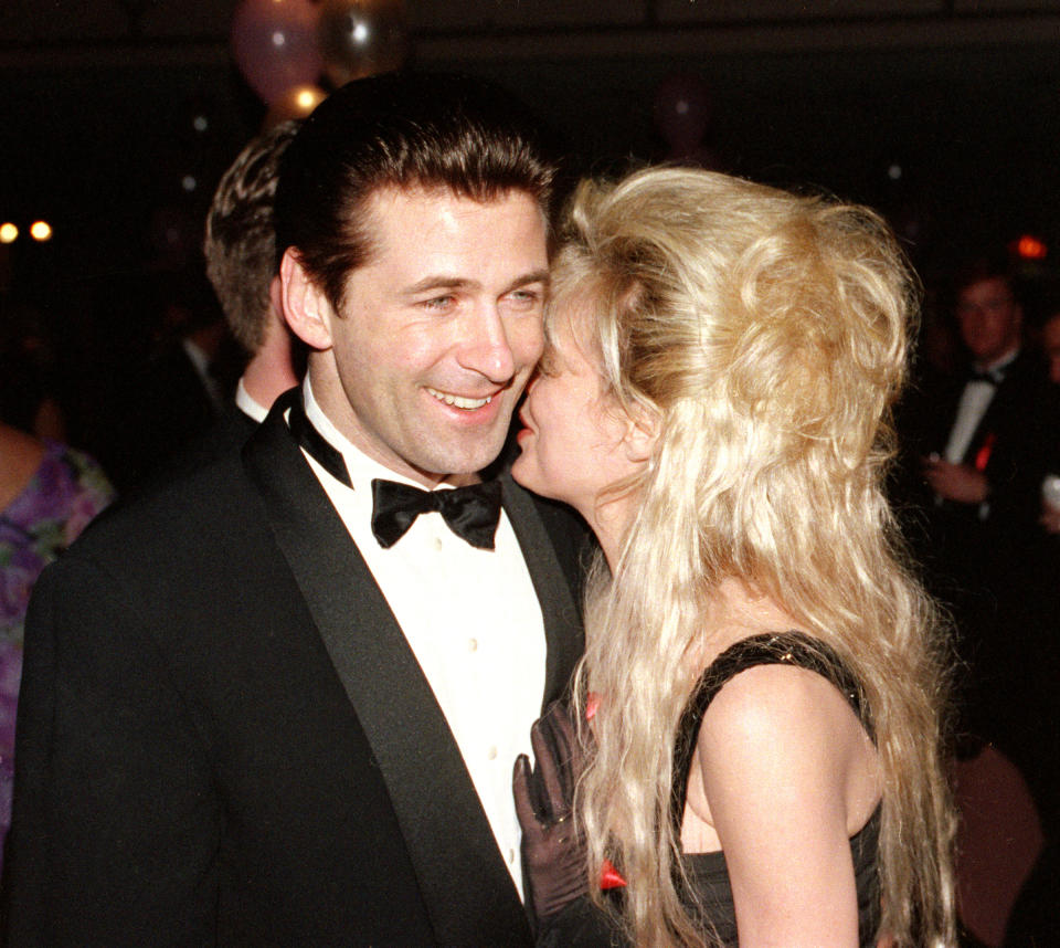 Actor Alec Baldwin, left, is shown with his wife, actress Kim Basinger, during the Tony Supper Ball following the 46th Annual Tony Awards ceremony in New York City, Sunday, May 31, 1992.  Baldwin was nominated as leading actor in  'A Streetcar Named Desire."  (AP Photo/Richard Drew)