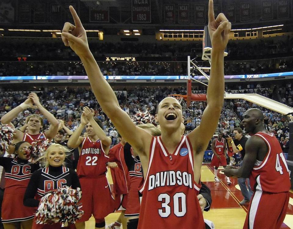 Davidson Wildcats’ Stephen Curry (30) celebrates his team’s 82-76 victory over Gonzaga in the 2008 NCAA Division I Men’s first round tournament action Friday, March 21, 2008, at the RBC Center in Raleigh, North Carolina.