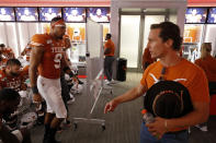 Actor Matthew McConaughey talks with members of the Texas Longhorns in the locker room at half time during the game against the LSU Tigers Saturday Sept. 7, 2019 at Darrell K Royal-Texas Memorial Stadium in Austin, Tx. ( Photo by Edward A. Ornelas )