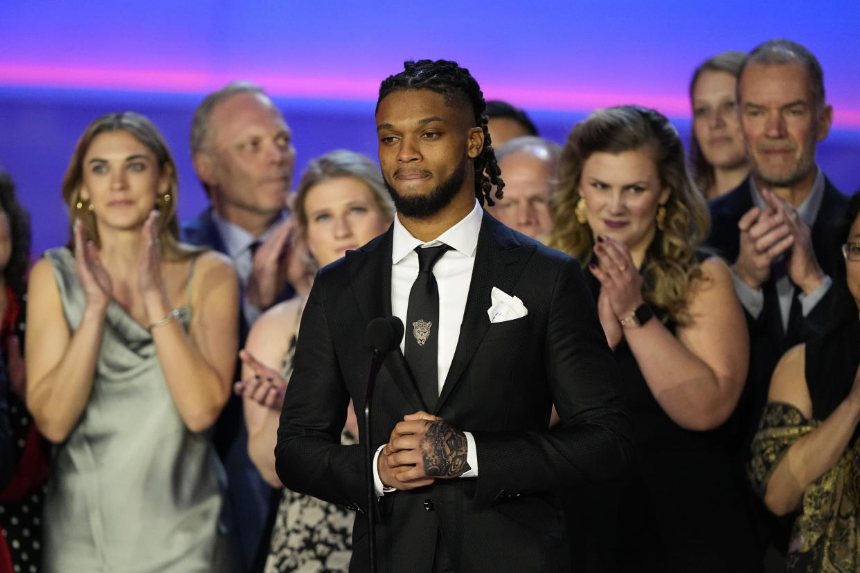 The Buffalo Bills' Damar Hamlin speaks at the NFL Honors show on Thursday. (AP Photo/David J. Phillip)