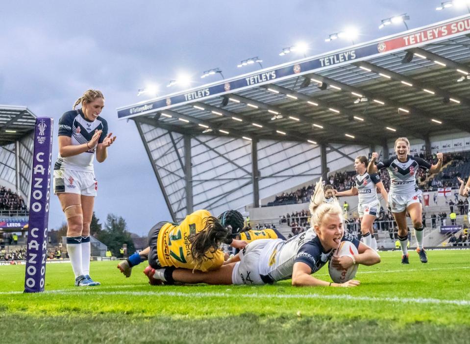 1 November 2022: England’s Tara-Jane Stanley scores their side’s seventh try against Brazil during the Women’s Rugby League World Cup group A match at Headingley Stadium, Leeds (PA)