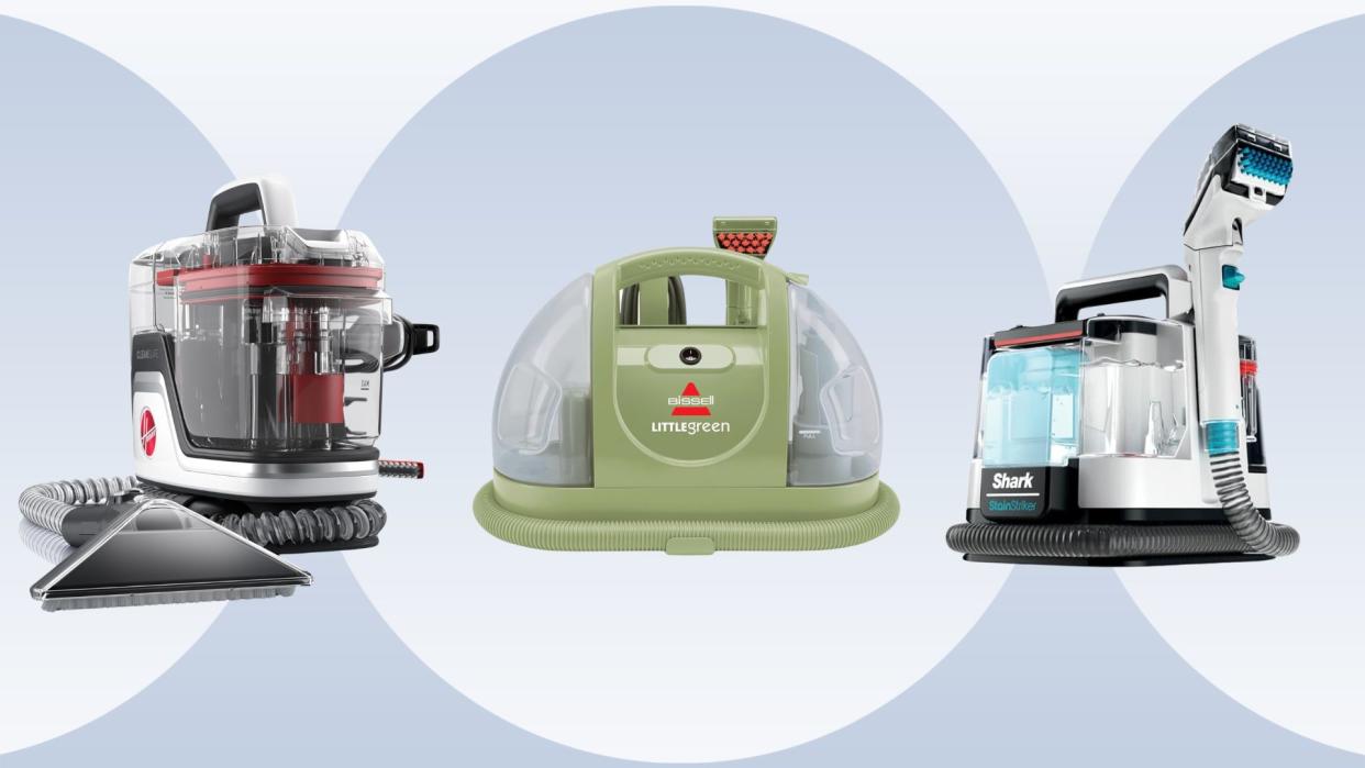 Three portable carpet and upholstery cleaners on a blue background. 