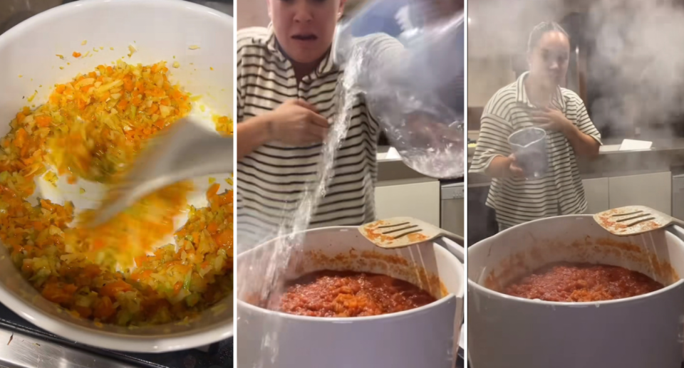 The Anko branded pot with vegetables cooking (left), Gunning pours water into it (centre) and Gunning's reaction after it cracks (right)