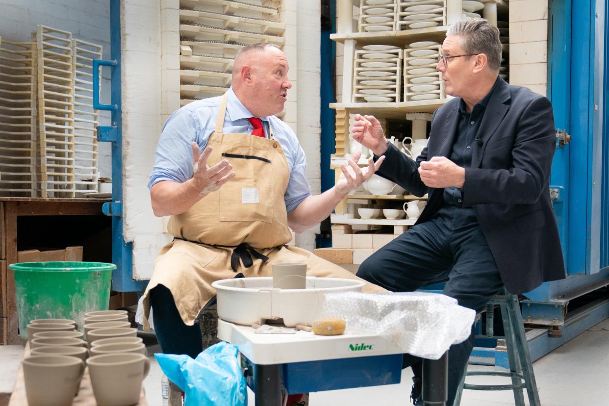 Labour leader Sir Keir Starmer chats with celebrity potter Keith Brymer Jones at the Duchess China 1888 Ltd (Stefan Rousseau/PA Wire)