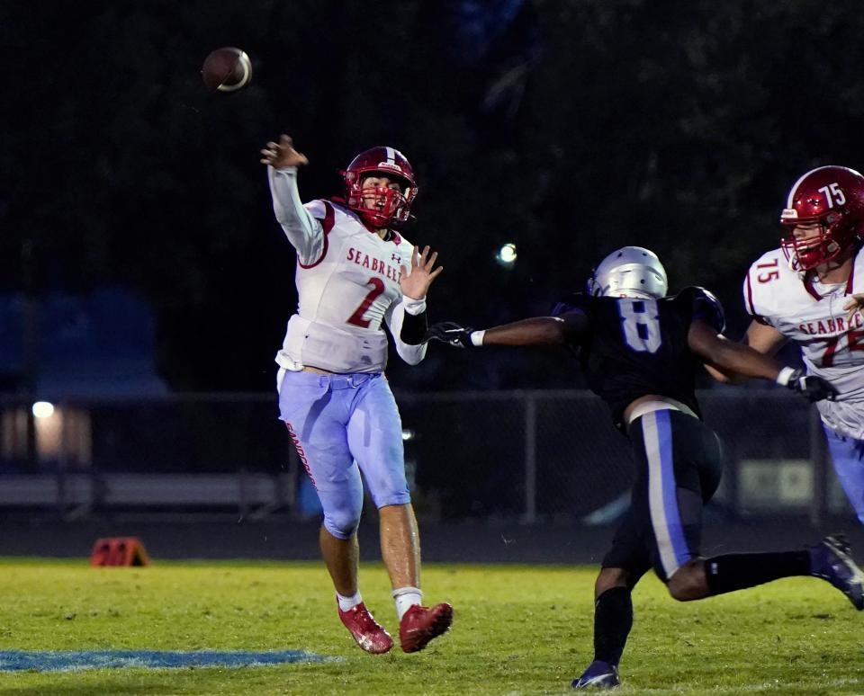 Seabreeze QB Hayden Hayes looks to pass during a game with Deltona at Deltona High School, Thursday, Sept. 28, 2023. 