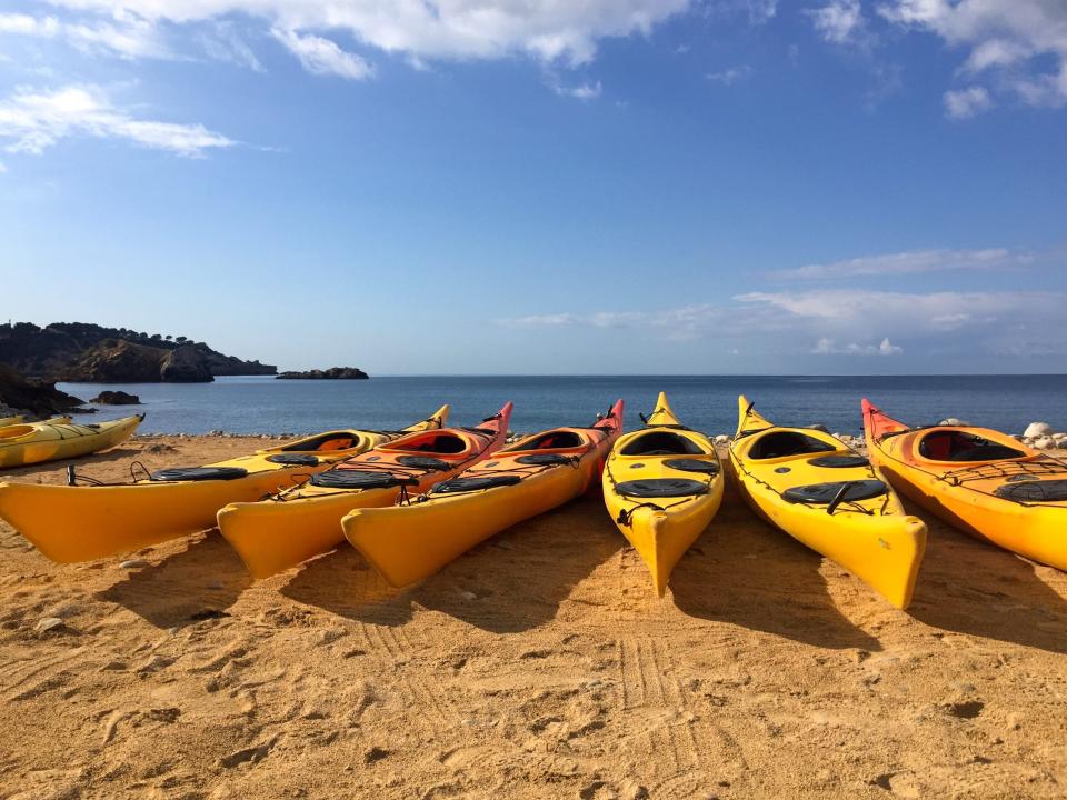 Row of yellow kayaks lined up on beach with blue skies in the background