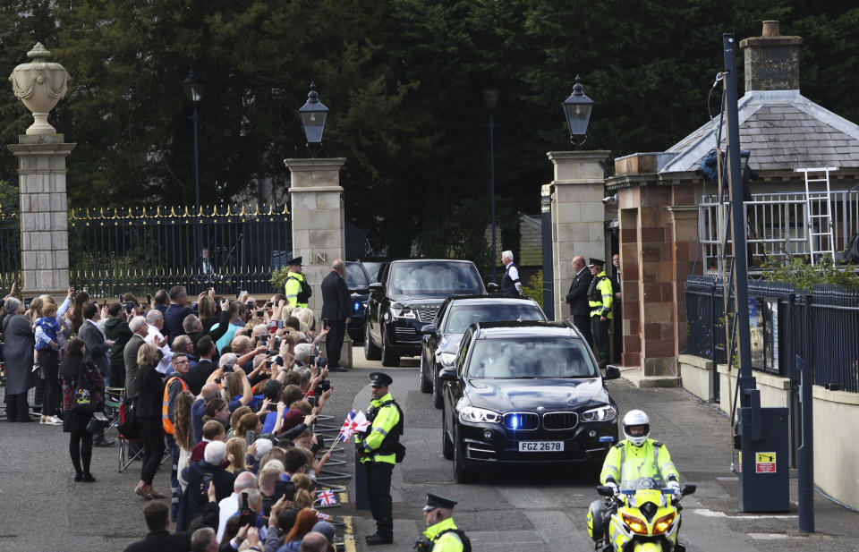 Britain's King Charles III leaves Hillsborough Castle, Northern Ireland, Tuesday, Sept. 13, 2022. (AP Photo/Peter Morrison)