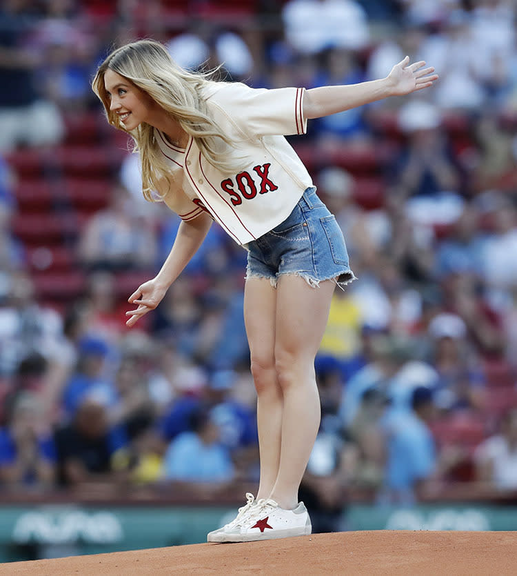 Sydney Sweeney throws a ceremonial first pitch ahead of a game between the Toronto Blue Jays and the Boston Red Sox on July 22, 2022 at Fenway Park in Boston, Mass. - Credit: AP