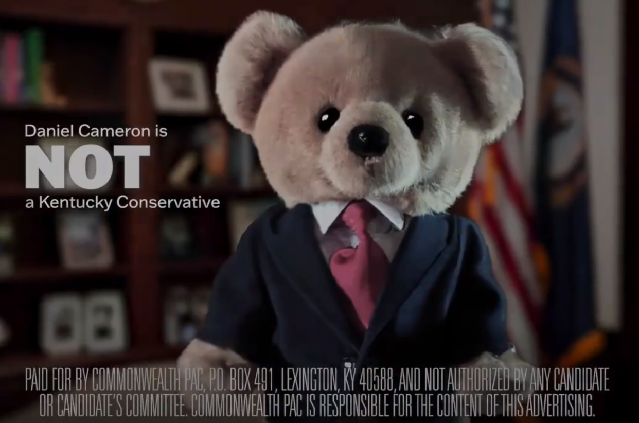 Screenshot of a TV ad from Commonwealth PAC (an unauthorized campaign committee supporting Republican Kelly Craft's campaign for governor), which hits GOP rival Daniel Cameron as a "soft, establishment teddy bear."