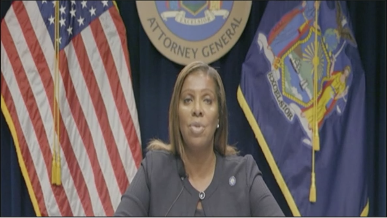 Screenshot of New York Attorney General James sitting in front of the USA and New York flags.