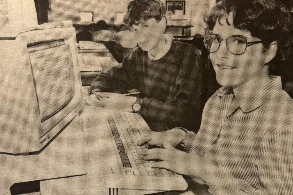 "Editors for the day”; Nicol West, 15, and Rebecca Dalton, 14, “at work at the newsdesk”. <i>(Image: NQ)</i>