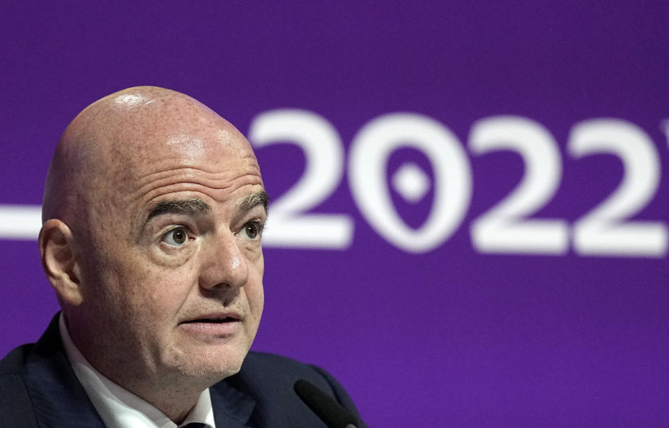 FIFA President Gianni Infantino meets the media at the FIFA World Cup closing press conference in Doha, Qatar, Friday, Dec. 16, 2022. (AP Photo/Martin Meissner)