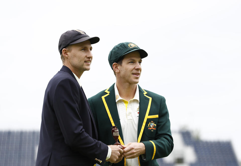 Joe Root (pictured left) and Tim Paine (pictured right) pose during the Captain's Photo call at Edgbaston on July 31, 2019 in Birmingham, England.