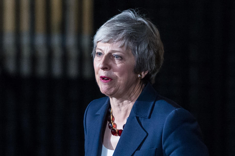 On edge: British Prime Minister Theresa May gives a statement to the media outside 10 Downing Street following emergency Cabinet meeting on Brexit during which government ministers have agreed to the draft withdrawal agreement negotiated between UK and EU. November 14, 2018 in London, England. Photo: Wiktor Szymanowicz / Barcroft Media via Getty Images.