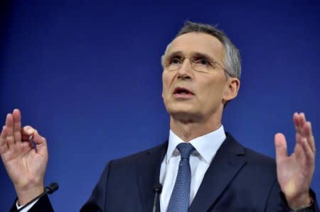 NATO Secretary General Jens Stoltenberg holds a news conference during a North Atlantic Council (NAC) defence ministers meeting in Brussels, Belgium November 9, 2017. REUTERS/Eric Vidal