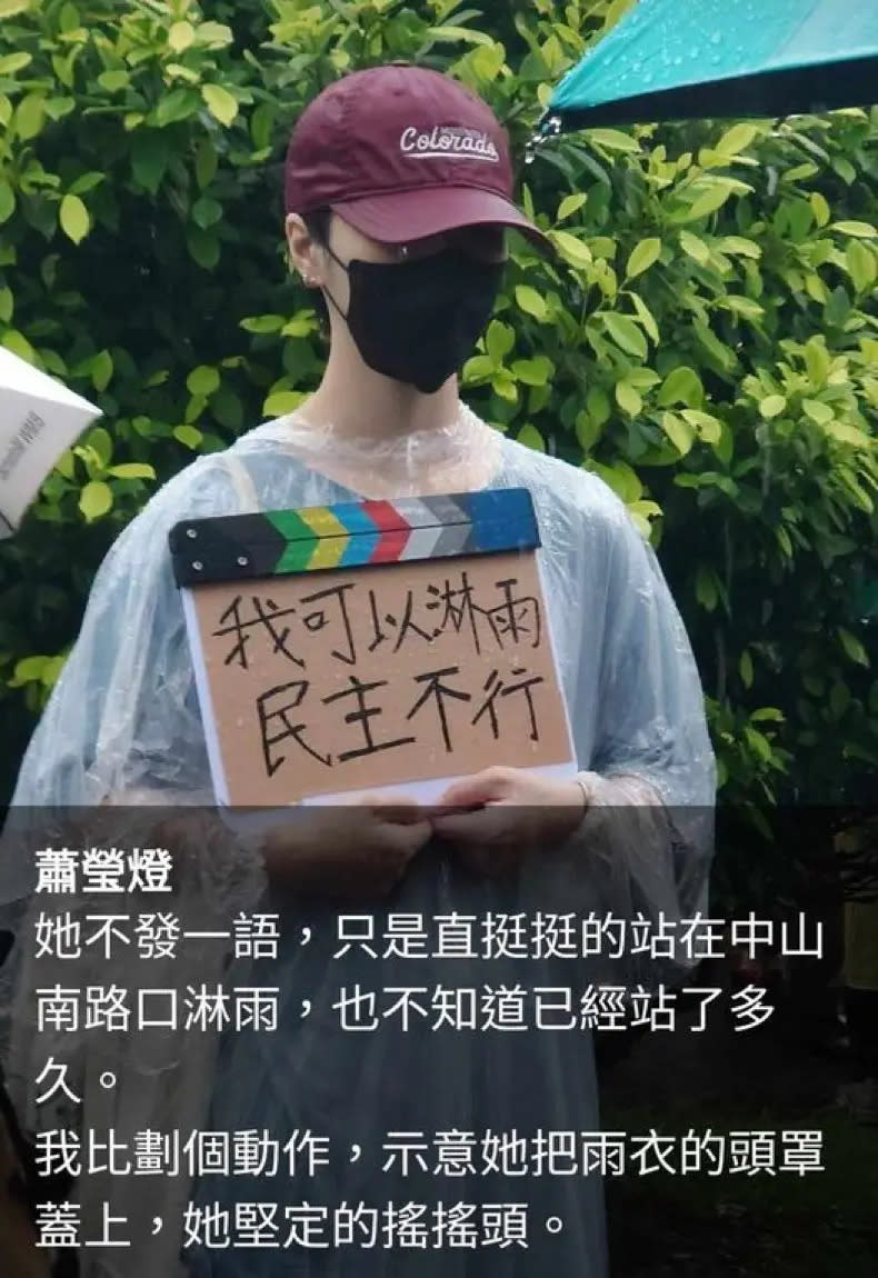 ▲有一名女性孤身站在雨中，手上標語寫著：「我可以淋雨，民主不行。」（圖／作者提供）