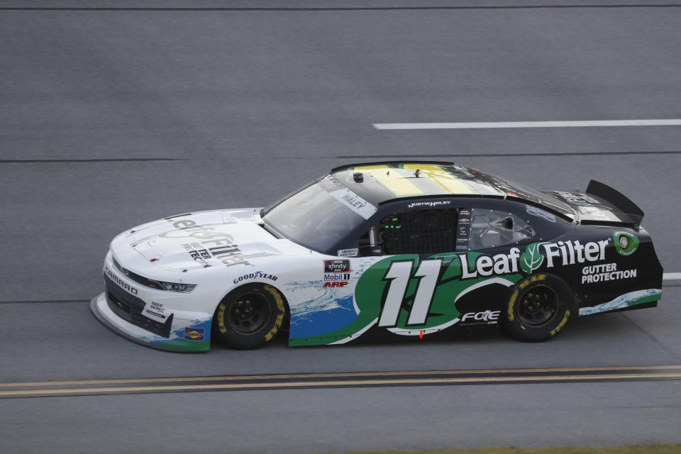 Justin Haley (11) drives to the finish line during a NASCAR Xfinity auto race at Talladega Superspeedway in Talladega Ala., Saturday, June 20, 2020. (AP Photo/John Bazemore)