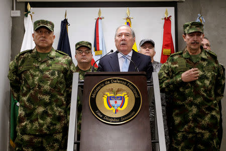 Colombian Defense Minister Guillermo Botero speaks during a news conference, along with the Commander of the Colombian Military Forces, General Luis Fernando Navarro and Commander of the Colombian National Army, General Nicacio Martinez, in Bogota, Colombia May 20, 2019. REUTERS/Luisa Gonzalez
