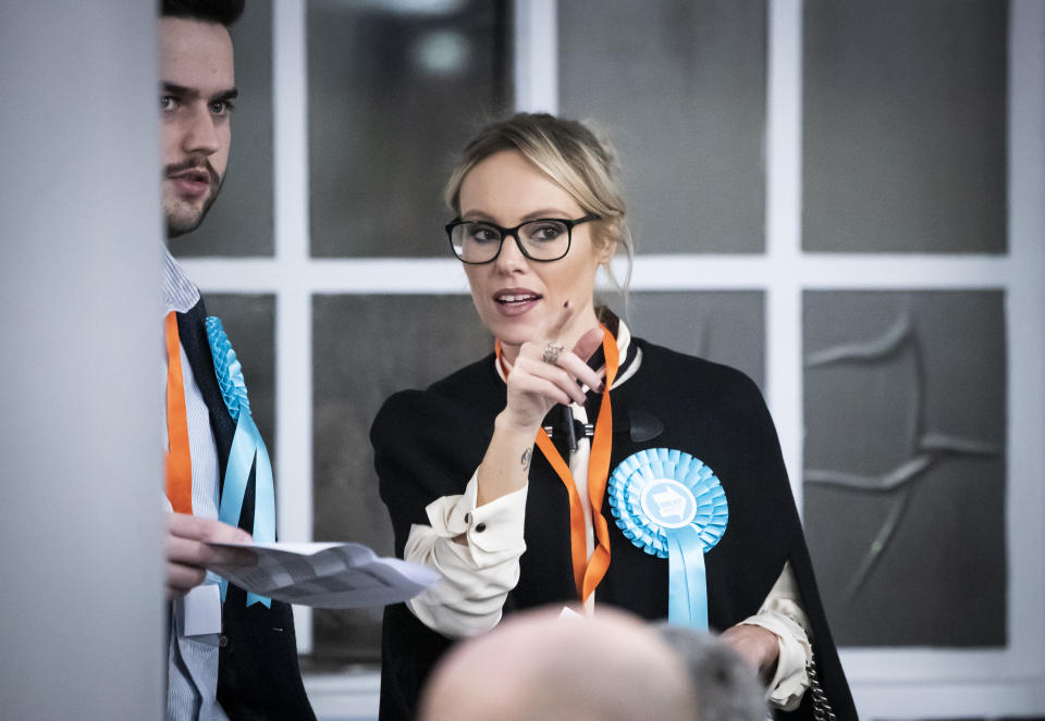 Michelle Dewberry, the former winner of The Apprentice, wearing a Brexit Party rosette