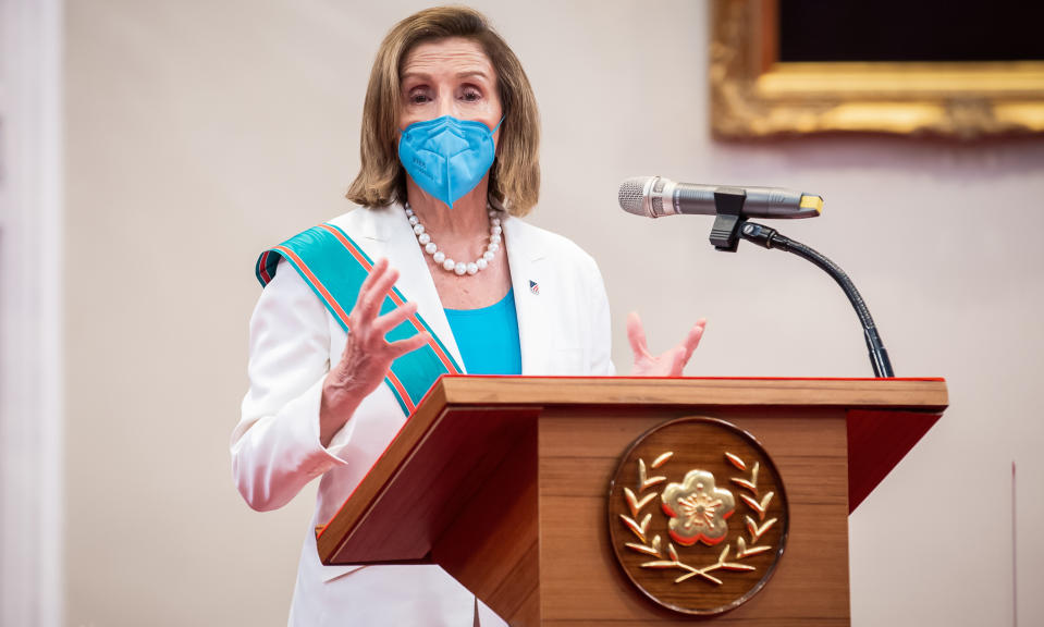 TAIPEI, TAIWAN - AUGUST 03: Speaker of the U.S. House Of Representatives Nancy Pelosi (D-CA), speaks after receiving the Order of Propitious Clouds with Special Grand Cordon, Taiwan’s highest civilian honour, from Taiwan's President Tsai Ing-wen, at the president's office on August 03, 2022 in Taipei, Taiwan. Pelosi arrived in Taiwan on Tuesday as part of a tour of Asia aimed at reassuring allies in the region, as China made it clear that her visit to Taiwan would be seen in a negative light. (Photo by Handout/Getty Images)