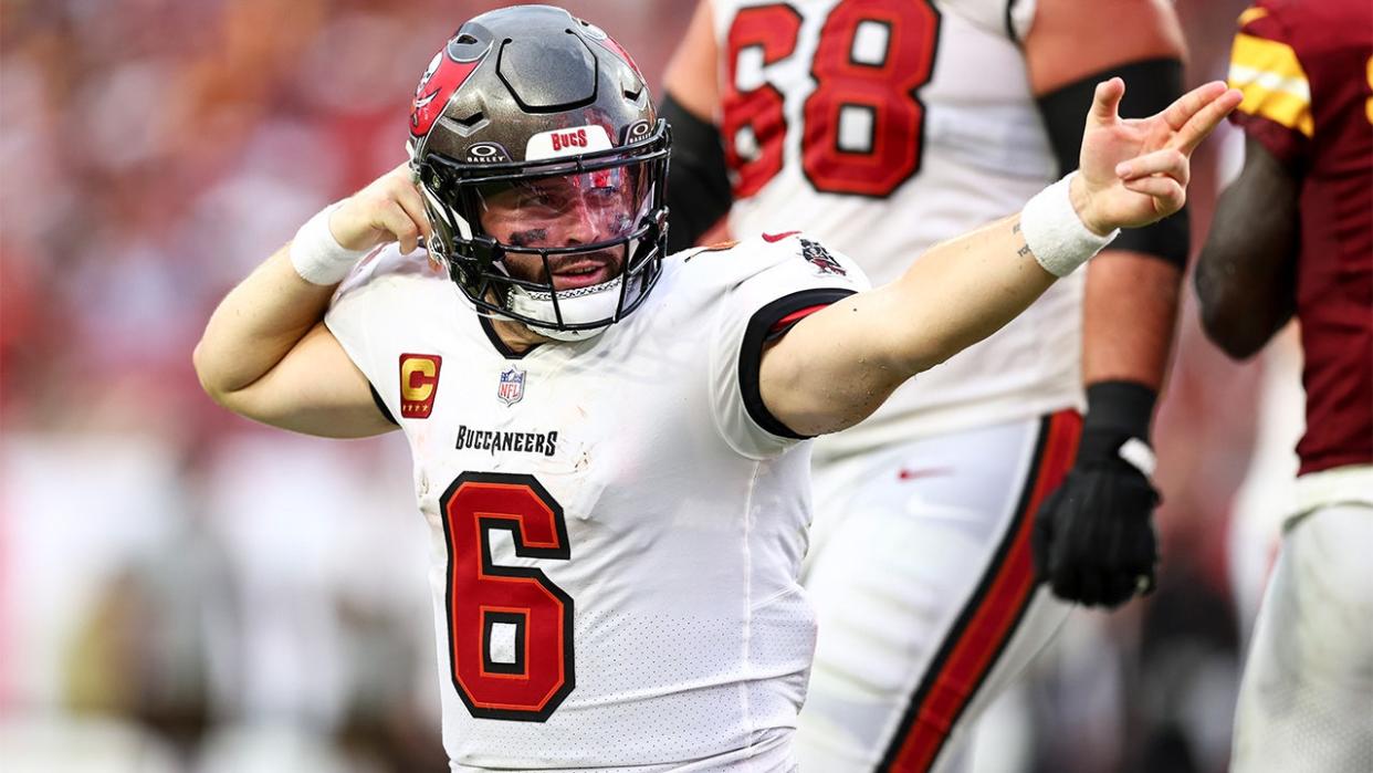 <div>TAMPA, FL - SEPTEMBER 8: Baker Mayfield #6 of the Tampa Bay Buccaneers celebrates after a play during the fourth quarter of an NFL football game against the Washington Commanders at Raymond James Stadium on September 8, 2024 in Tampa, Florida. (Photo by Kevin Sabitus/Getty Images)</div>