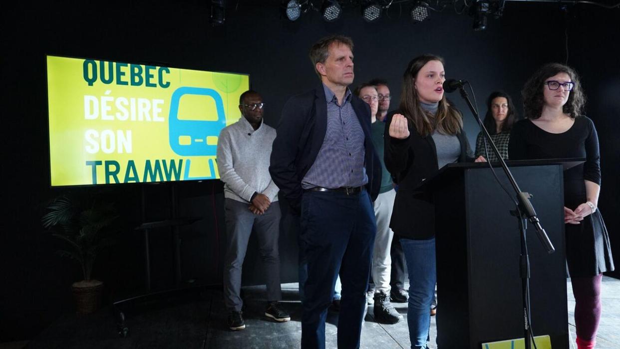 Alexandre Turgeon, Angèle Pineau-Lemieux and Nora Loreto were among the leaders of citizens' groups criticizing the province's decision not to go ahead with the city's latest tramway plan. (Sylvain Roy Roussel/CBC - image credit)