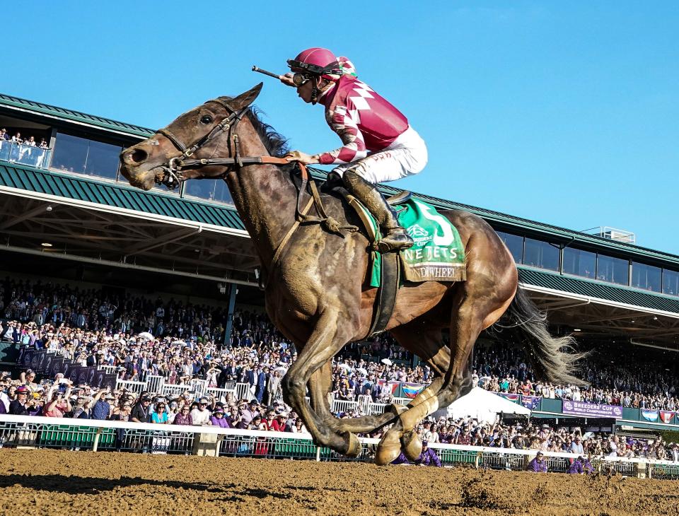 Wonder Wheel, with Tyler Gaffalione up, wins the Breeders' Cup Juvenile Fillies race at Keeneland on Friday, November 4, 2022, in Lexington, Kentucky.