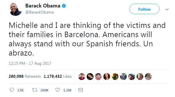 Barack Obama’s response to the Barcelona terror attack (Twitter)