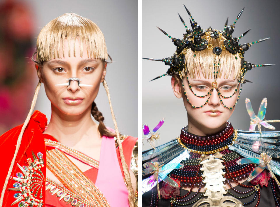 Manish Arora took tribal and cavemen, combined them with a Manic Pixie Dream Girl and spat out kooky face jewels including studded nose cuffs and spiked headpieces.