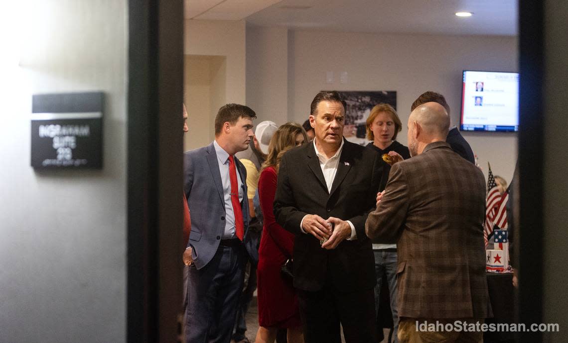 Rep. Russ Fulcher, R-Idaho, represents the state’s 1st Congressional District. He greeted supporters inside a suite at a GOP watch party at The Grove Hotel in Boise on, Tuesday, Nov. 8, 2022. Fulcher won a third term in the U.S. House.