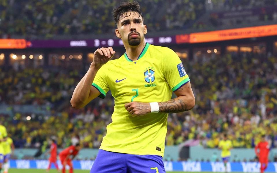 Lucas Paqueta dances to celebrate a Brazil goal