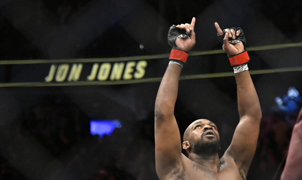 Jon Jones reacts after his victory over Ciryl Gane in a UFC 285 mixed martial arts heavyweight title bout Saturday, March 4, 2023, in Las Vegas. (AP Photo/David Becker)