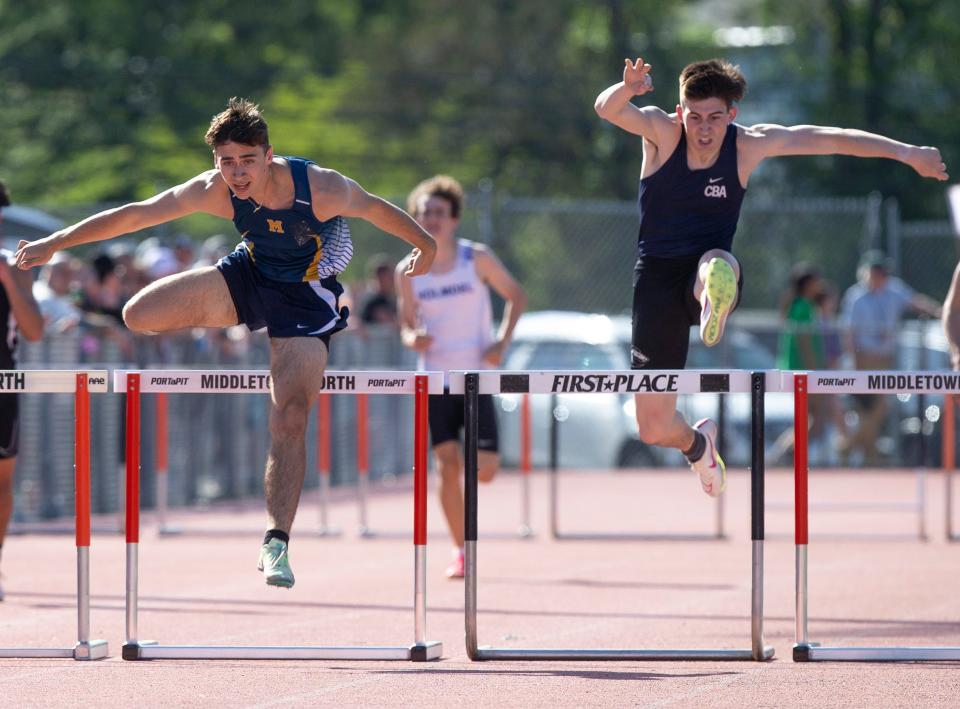 Monmouth County Relays track meet takes place at Middletown North. Marlboro’s Matthew Pignata finishes second to Christian Brothers Academy Aidan Cale in the 400 hurdles. 
Middletown, NJ
Thursday, May 2, 2024