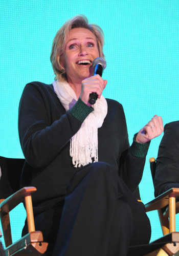 <p>What a gleek! Actress Jane Lynch gets her sing-a-long on with some of the show's most dedicated fans.</p>