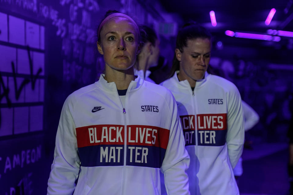 Team captain and USWNT union president Becky Sauerbrunn (foreground) is mindful of the influence the players can have on issues like social justice. (Photo by Brad Smith/ISI Photos/Getty Images)