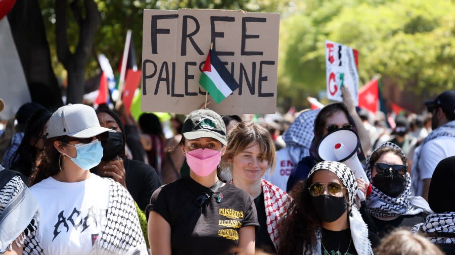 WESTWOOD, CA – APRIL 28: Ppro-Palestinian protestors march on campus at UCLA on Sunday, April 28, 2024 in Westwood, CA. (Robert Gauthier / Los Angeles Times via Getty Images)