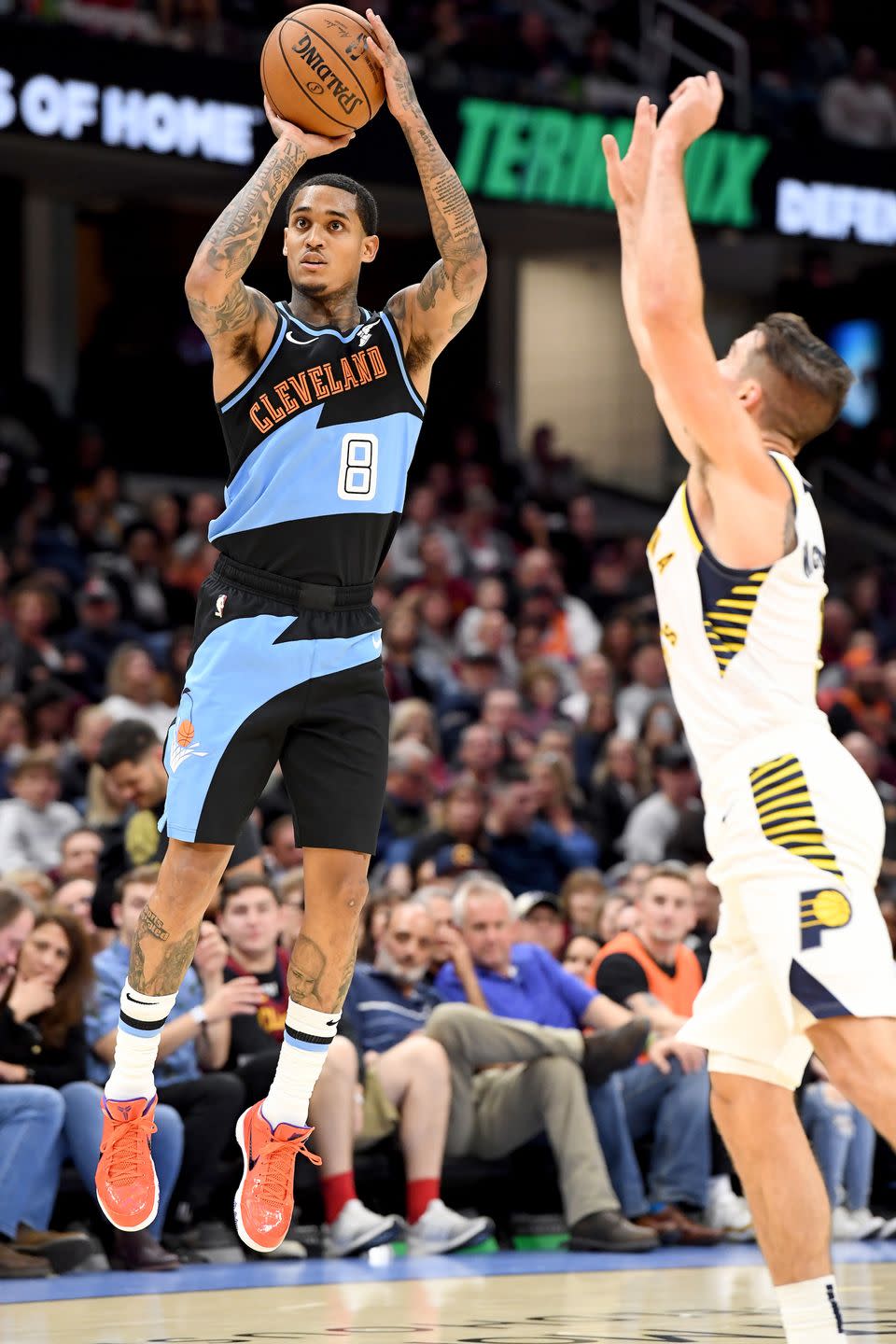 cleveland, ohio october 26 jordan clarkson 8 of the cleveland cavaliers shoots during the second half against the indiana pacers at rocket mortgage fieldhouse on october 26, 2019 in cleveland, ohio the cavaliers defeated the pacers 110 99 note to user user expressly acknowledges and agrees that, by downloading andor using this photograph, user is consenting to the terms and conditions of the getty images license agreement photo by jason millergetty images