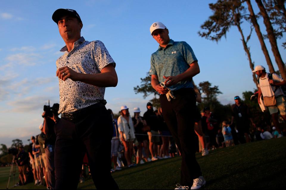 Justin Thomas (L) and Jordan Spieth, seen here during the first round of The Players Championship in March, are part of the U.S. Ryder Cup team that will try to bring home the first American victory on European soil since 1993.
