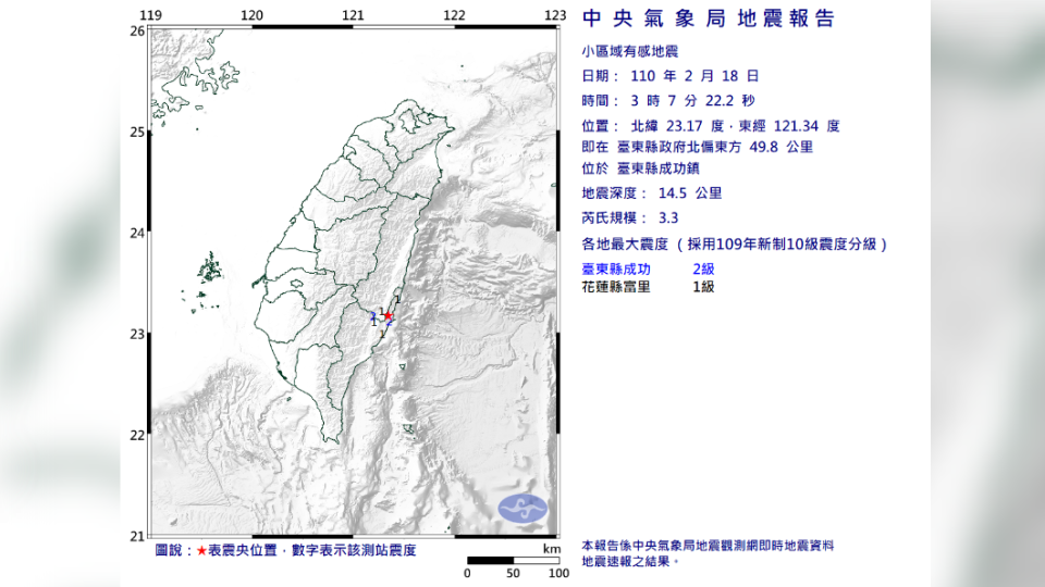 相隔29分鐘，台東附近再發生另一起地震。（圖／中央氣象局）