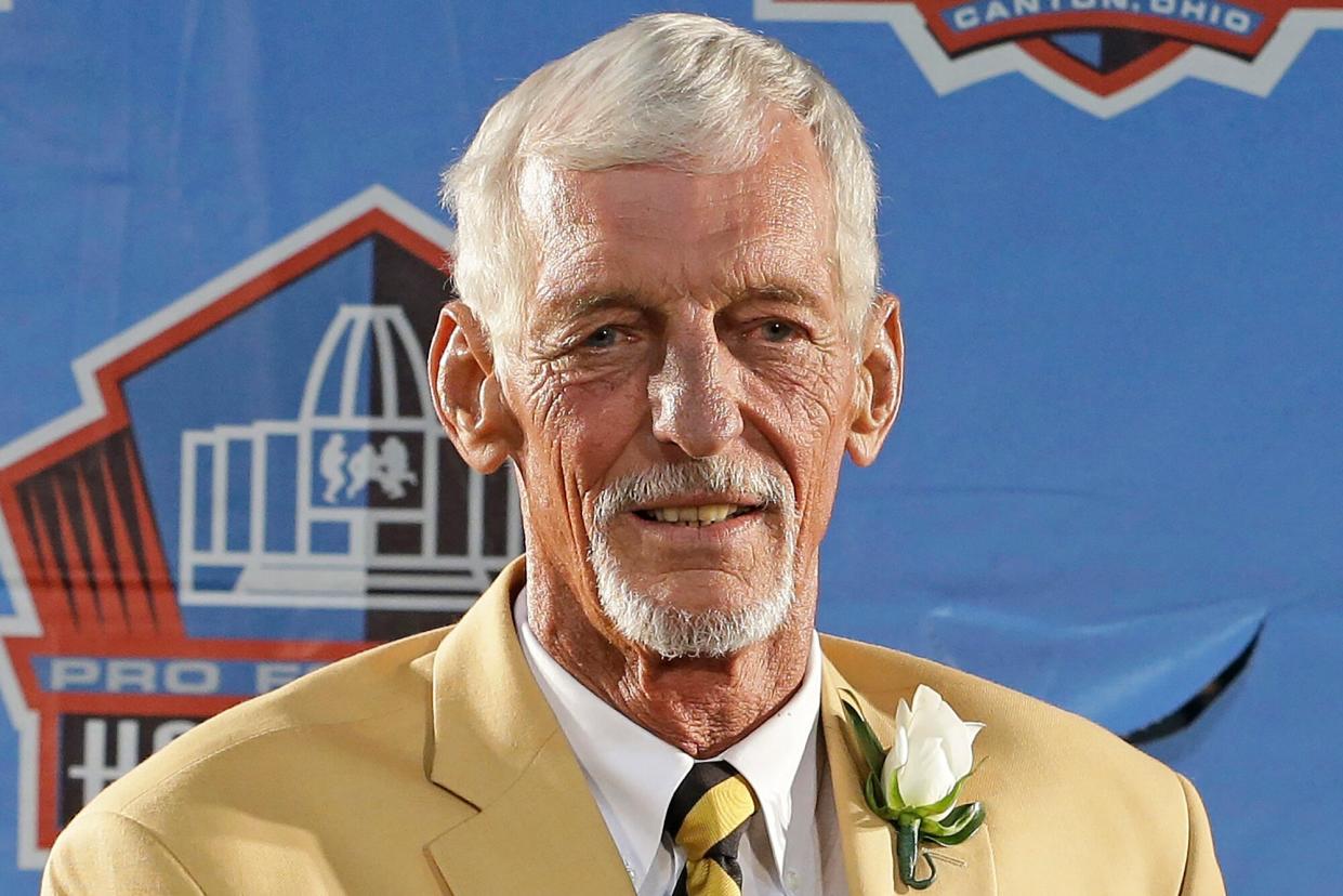 Hall of Fame inductee Ray Guy poses during the 2014 Pro Football Hall of Fame Enshrinement Ceremony at the Pro Football Hall of Fame, Saturday, Aug. 2, 2014, in Canton, Ohio. Ray Guy, the first punter to make the Pro Football Hall of Fame, died Thursday, Nov. 3, 2022, following a lengthy illness. He had been receiving care in a Hattiesburg, Miss. area hospice. He was 72.