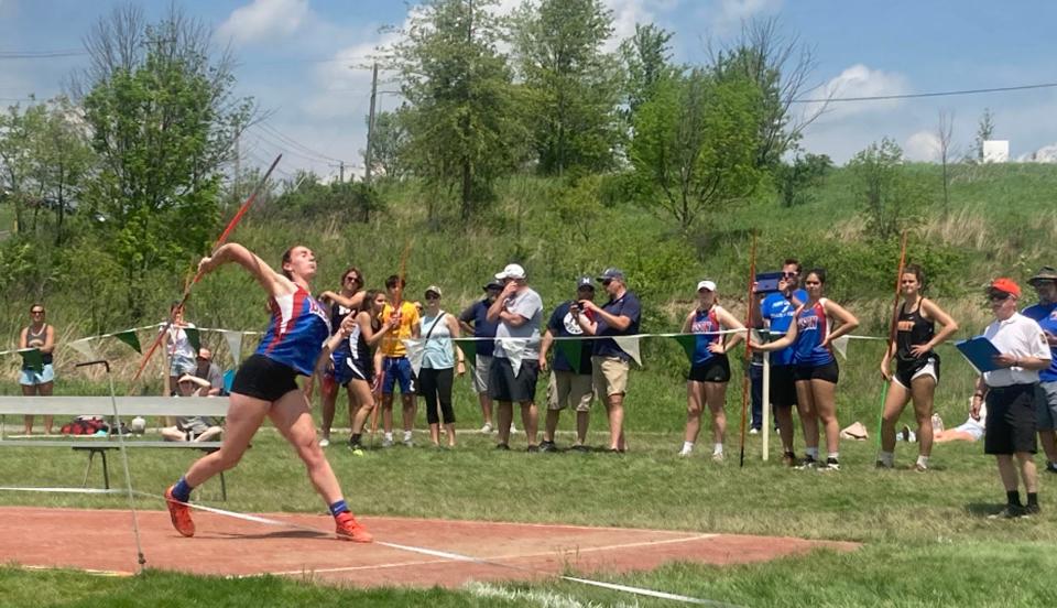 Audrey Friedman shows her winning form in the Class 2A javelin in the District 10 track and field championships at Slippery Rock University on Saturday, May 21, 2022.