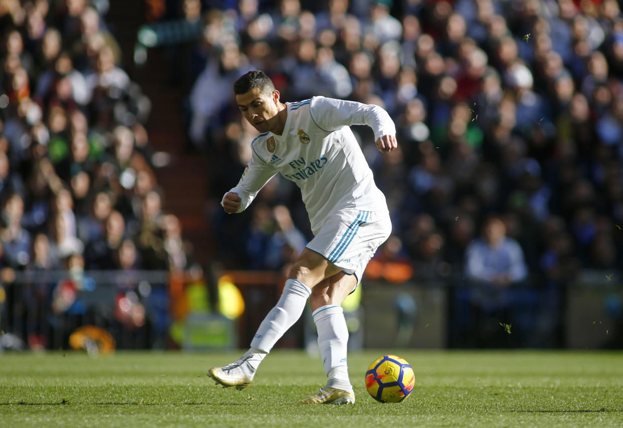 Cristiano Ronaldo swung and missed on a first-half shot attempt in Real Madrid’s 3-0 loss to Barcelona. (Getty)