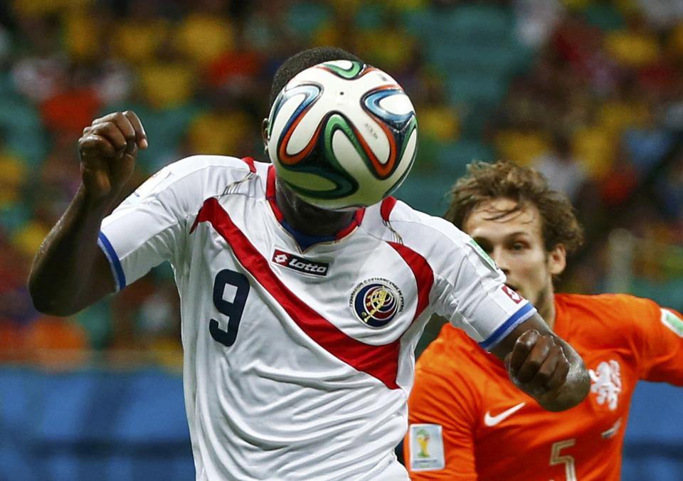 Costa Rica's Joel Campbell heads the ball during their 2014 World Cup quarter-finals against the Netherlands at the Fonte Nova arena in Salvador July 5, 2014. REUTERS/Michael Dalder