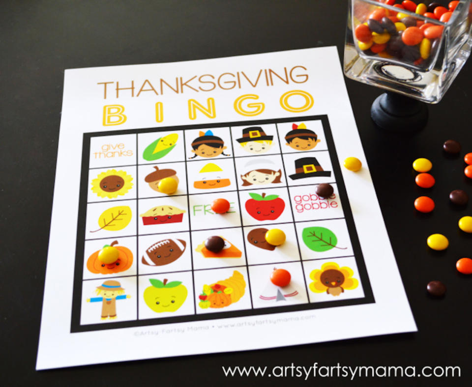 <p>Artsy Fartsy Mama</p><p>Kids of all ages can play this game! You can even set aside a few prizes for the winners. If you want to use the cards again, make sure you laminate them so they stay looking like new. Get the tutorial at <a href="https://www.artsyfartsymama.com/2013/11/thanksgiving-bingo.html" rel="nofollow noopener" target="_blank" data-ylk="slk:Artsy Fartsy Mama;elm:context_link;itc:0;sec:content-canvas" class="link "><em>Artsy Fartsy Mama</em></a>.</p>