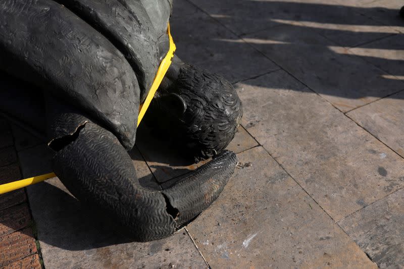 Demolished statue of Spanish conqueror Gonzalo Jimenez de Quesada is pictured in Bogota