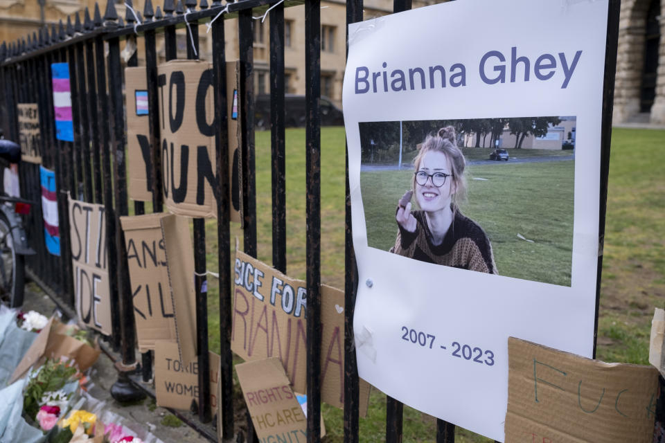 Flowers cards, candles and signs for murdered teenager Brianna Ghey on railings on 21st Febuary 2023 in Oxford, United Kingdom. Ghey was a 16-year-old transgender girl and a Year 11 pupil at Birchwood Community High School. (photo by Mike Kemp/In Pictures via Getty Images)