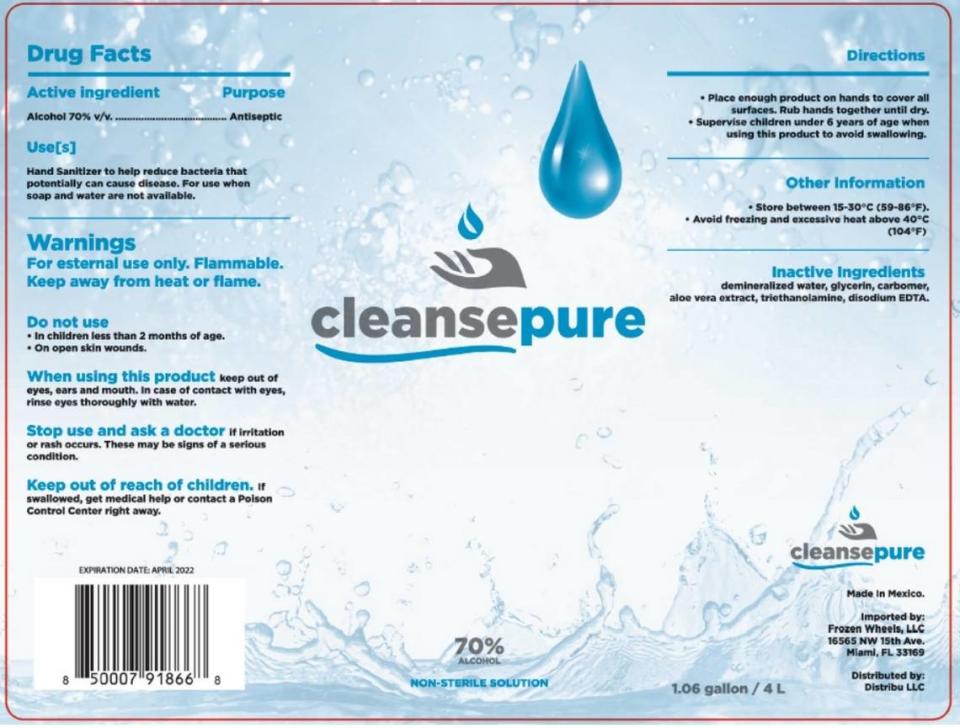 Cleansepure Hand Sanitizer distributed by Imported by Miami Gardens company Frozen Wheels