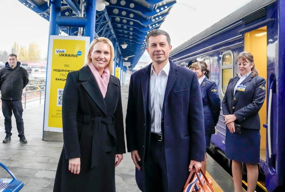 U.S. Ambassador Bridget A. Brink with U.S. Transport Secretary Pete Buttigieg in Kyiv on Nov. 8, 2023. (Ambassador Bridget A. Brink / X)