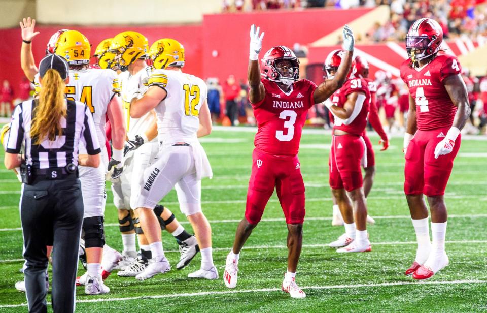 Indiana's Tiawan Mullen (3) celebrates a backfield tackle during the Indiana versus Idaho football game at Memorial Stadium on Saturday, Sept. 10, 2022.