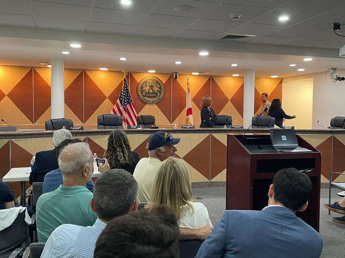 Surfside Commissioner Nelly Velasquez storms off during a town hall meeting recess on Wednesday, Sept. 27, 2023.